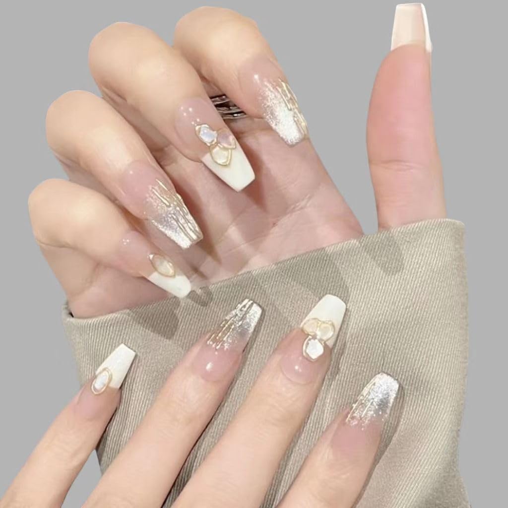 GLORS Handmade Press On Nails – Long Ballerina Shell Design, Pink & White Gradient, 10 Pieces (XS, LB)