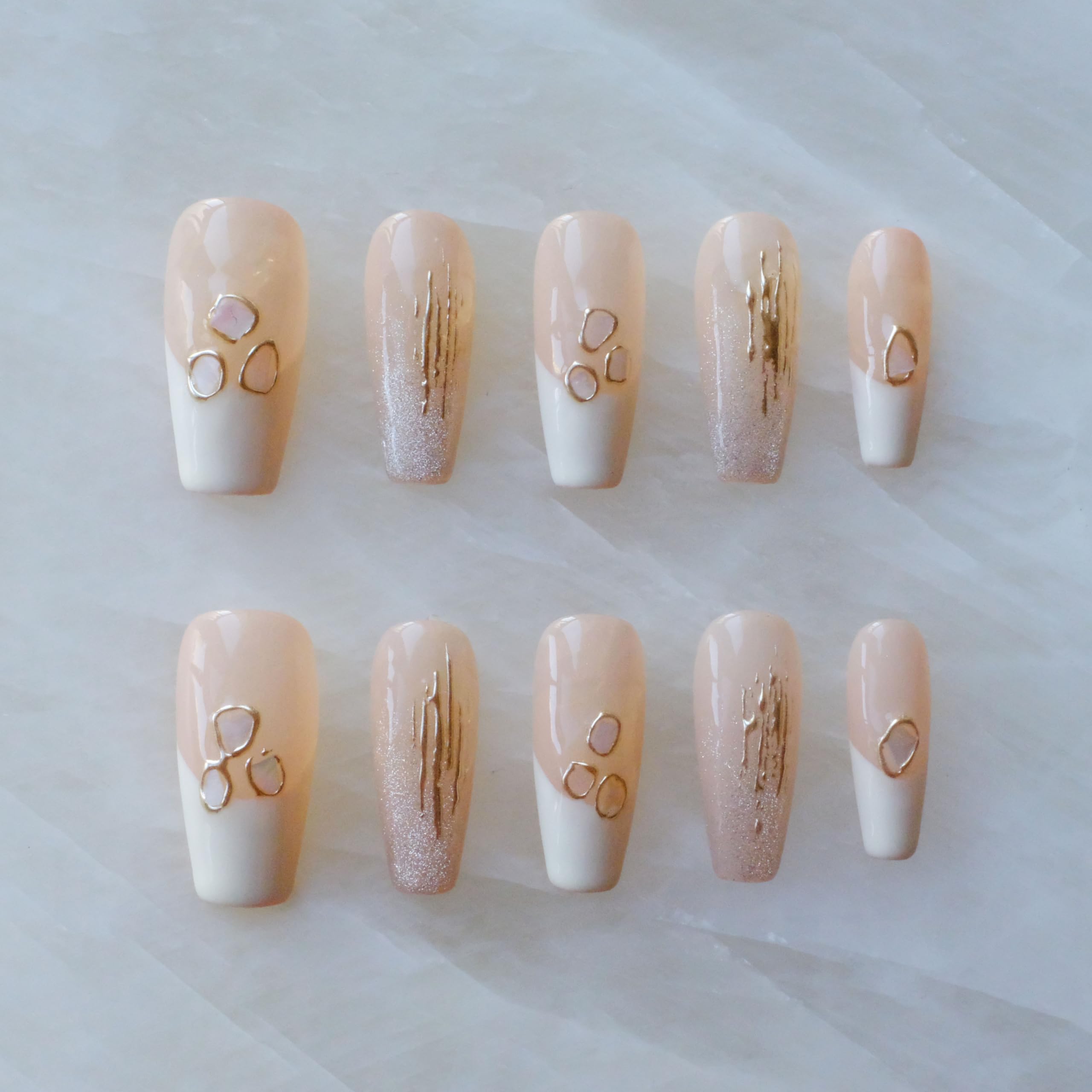 GLORS Handmade Press On Nails – Long Ballerina Shell Design (Pink/White, 10 Pieces, Large)