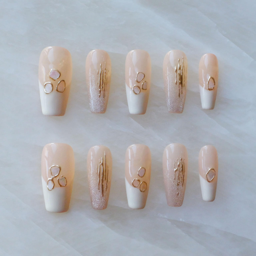GLORS Handmade Press On Nails – Long Ballerina Shell Design, Pink & White Gradient, 10 Pieces (XS, LB)