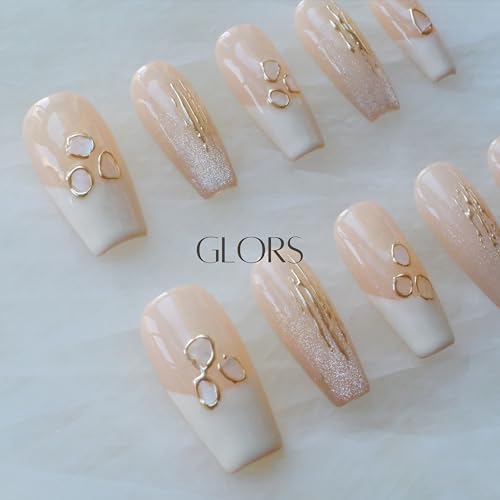 GLORS Handmade Press On Nails – Long Ballerina Shell Design, Pink & White Gradient, 10 Pieces (XS, LB)