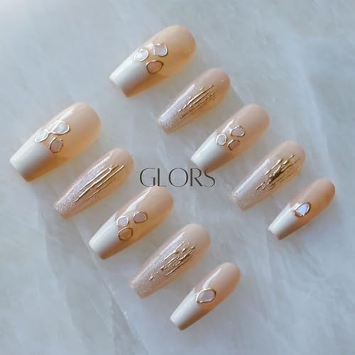 GLORS Handmade Press On Nails – Long Ballerina Shell Design, Pink & White Gradient, 10 Pieces (XS, LB)