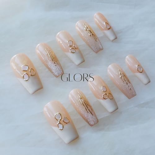 GLORS Handmade Press On Nails – Long Ballerina Shell Design, Pink & White Gradient, 10 Pieces (XS, LB)