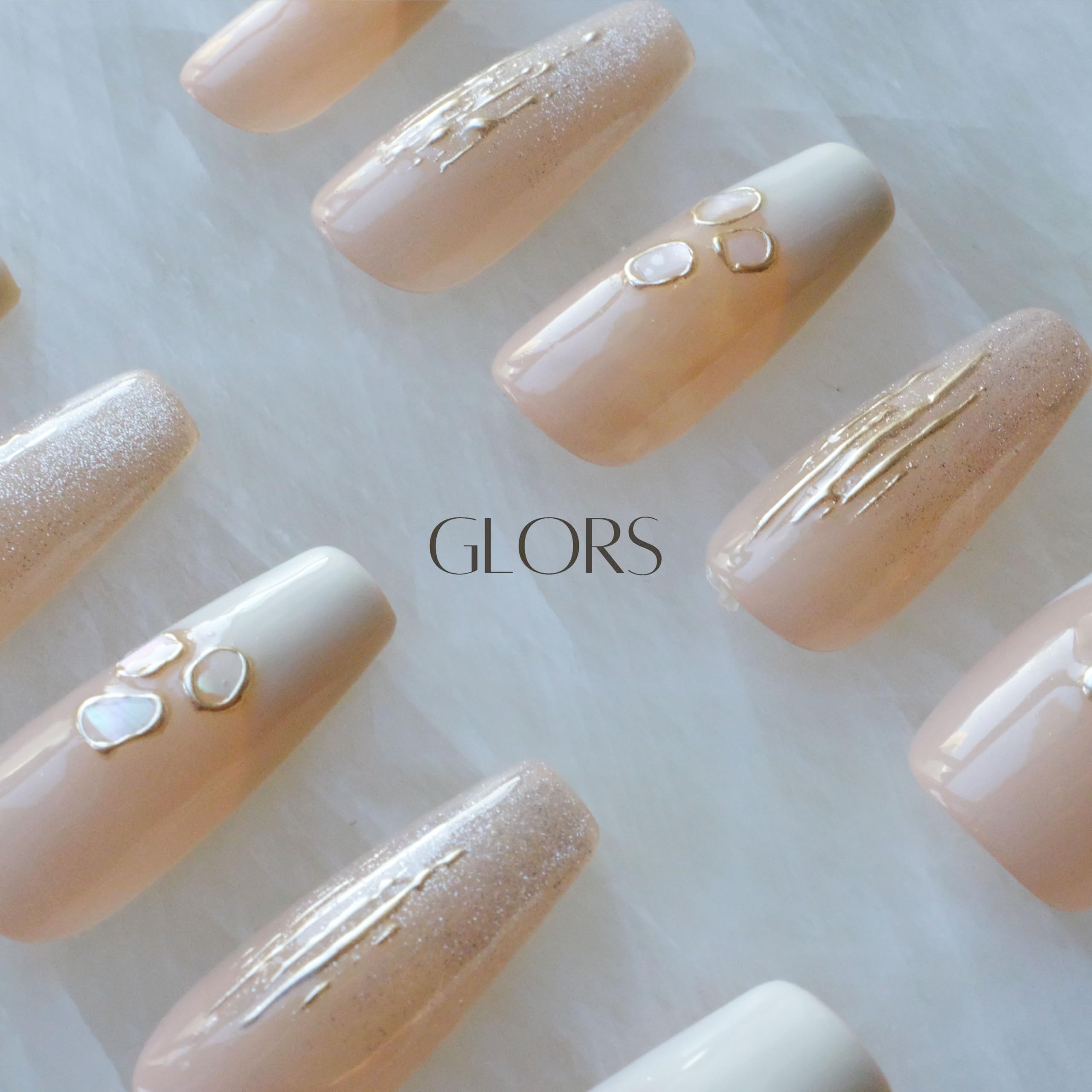 GLORS Handmade Press On Nails – Long Ballerina Shell Design, Pink & White Gradient, 10 Pieces (XS, LB)