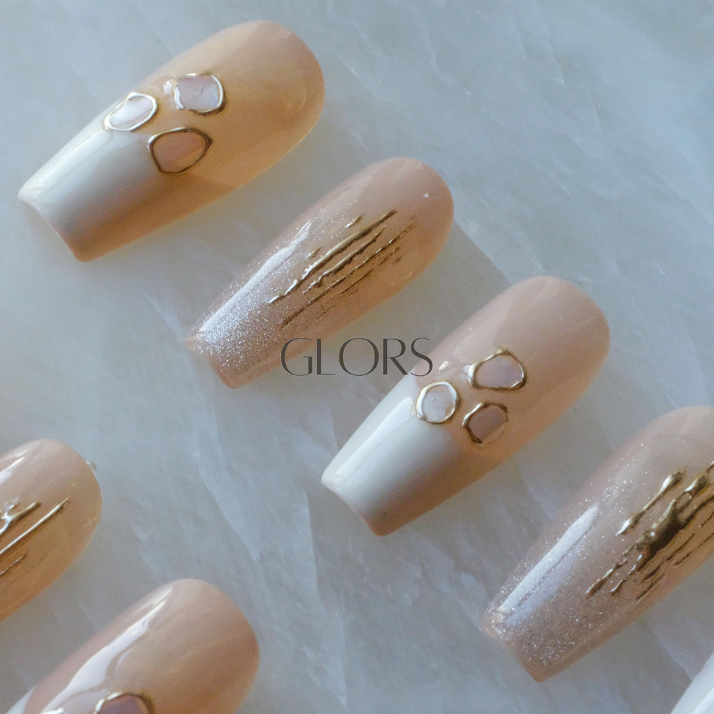 GLORS Handmade Press On Nails – Long Ballerina Shell Design, Pink & White Gradient, 10 Pieces (XS, LB)