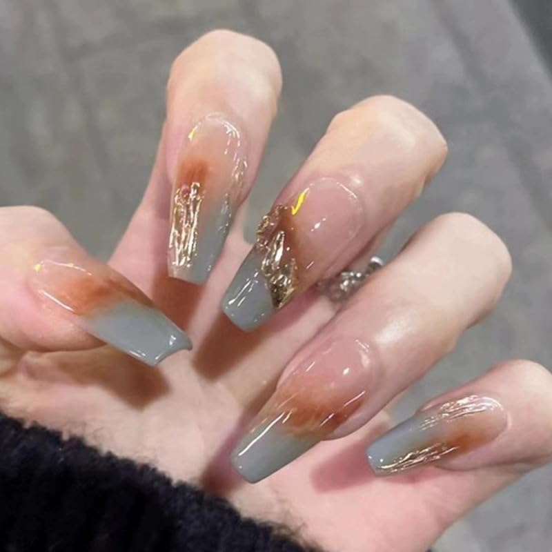 GLORS Ombre Press On Nails - Long Ballerina Nude to Gray with Gold Accent | 10-Piece Set (Small LB)