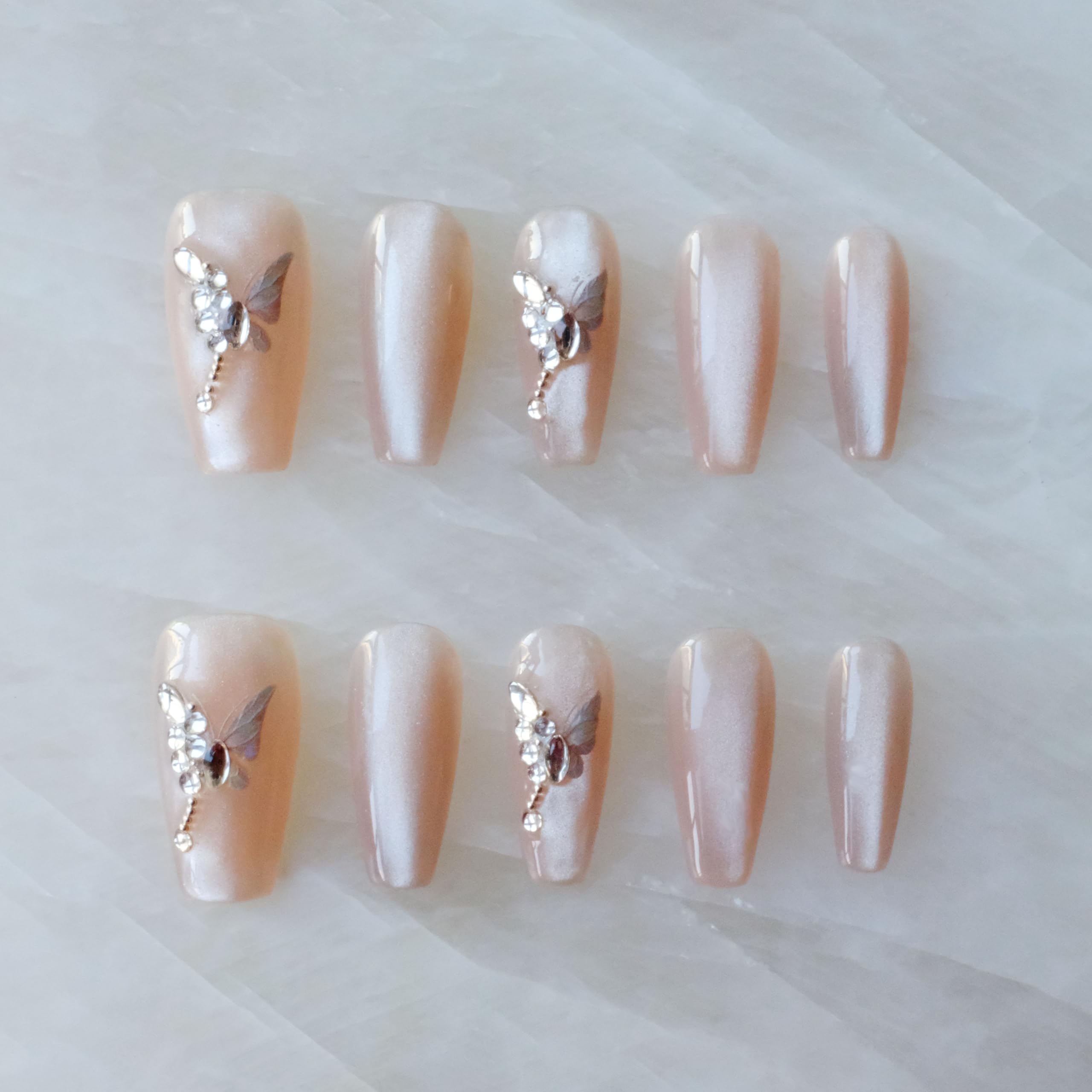 GLORS Press On Nails – Long Ballerina Coffin Nude Pink with Butterfly Rhinestones | 10 Pieces (Small, LB)