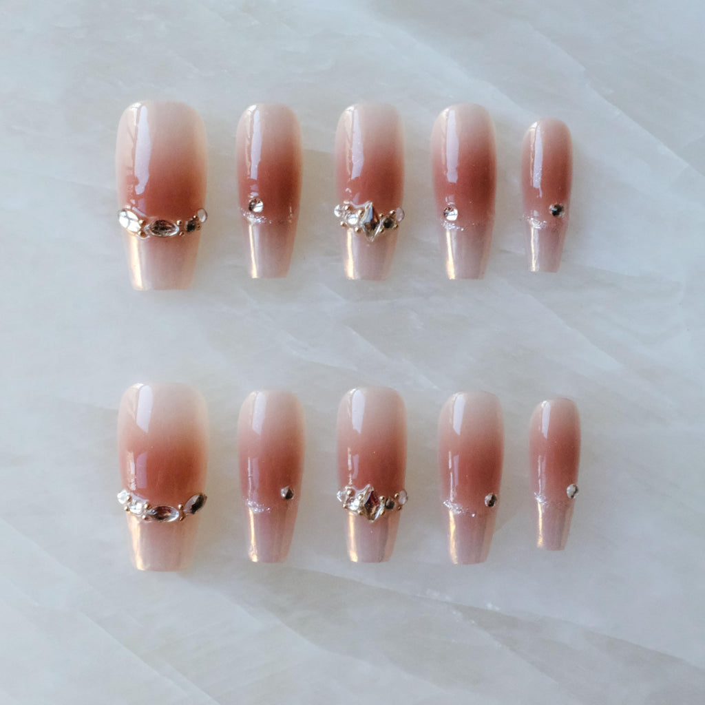 GLORS Long Ballerina Press-On Nails – Pink French with Rhinestones (10 Pieces)