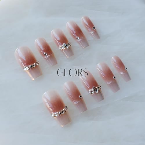 GLORS Long Ballerina Press-On Nails – Pink French Rhinestones, Coffin Shape (10 Pieces, Large)