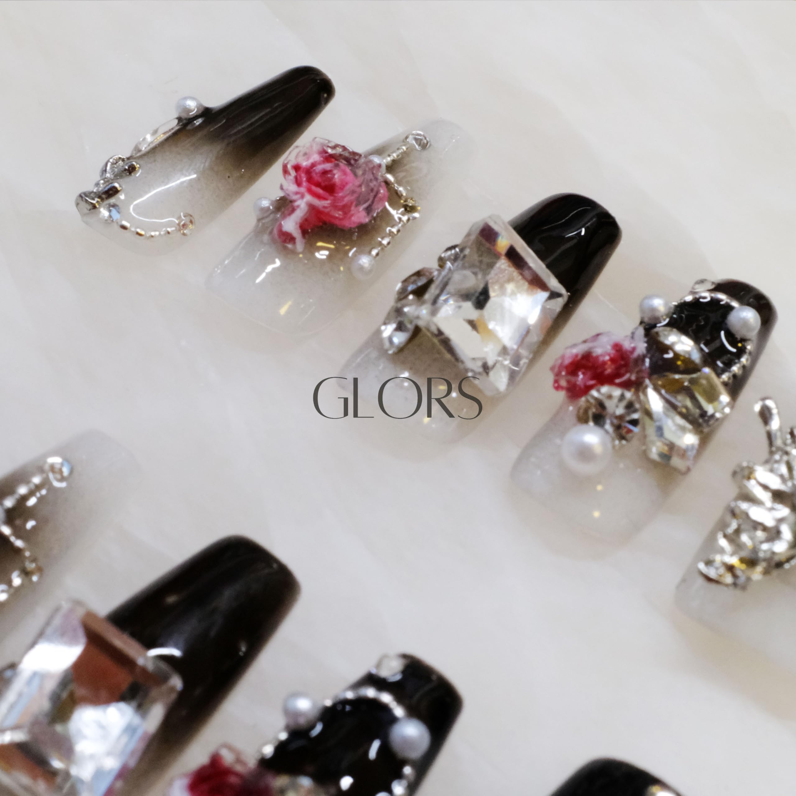 GLORS Handmade Press-On Nails - Long Coffin with 3D Butterfly & Rose, 10-Piece Set (XS, LC)