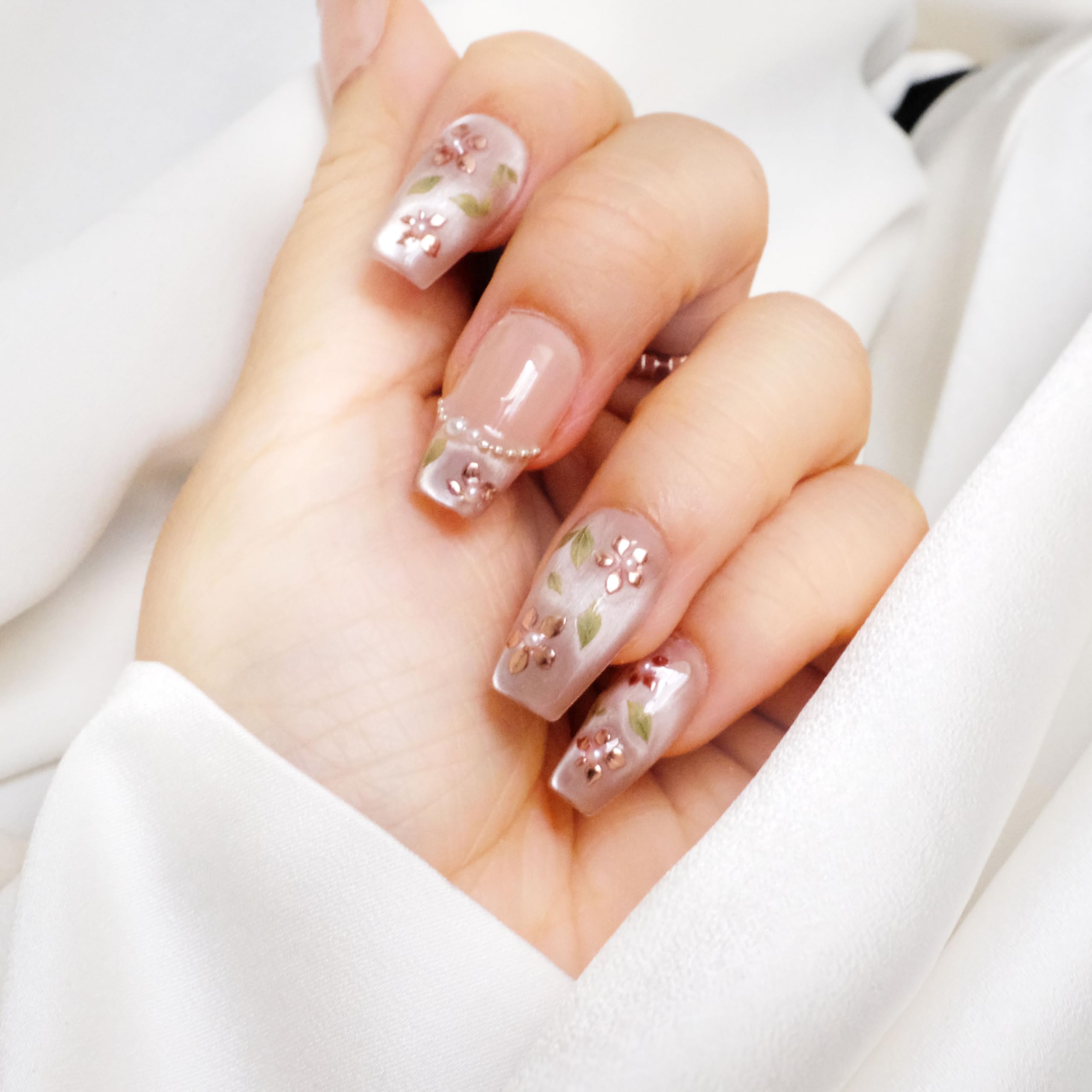 GLORS Medium Ballerina Press-On Nails – Nude Pink with Rose Gold Foil & Pearl Accents (10 Pieces, Medium MB)