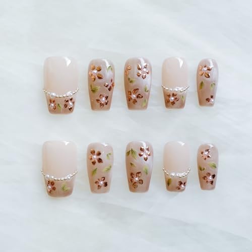 GLORS Medium Ballerina Press-On Nails – Nude Pink with Rose Gold Foil & Pearl Accents (10 Pieces, Medium MB)