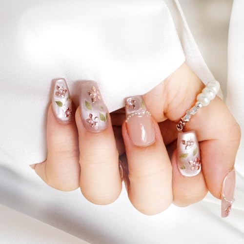 GLORS Medium Ballerina Press-On Nails – Nude Pink with Rose Gold Foil & Pearl Accents (10 Pieces, Medium MB)