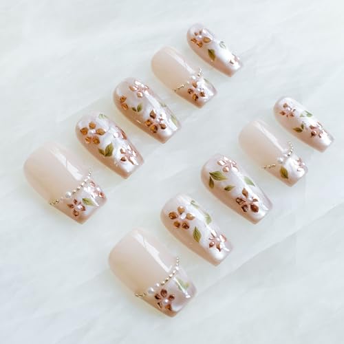 GLORS Medium Ballerina Press-On Nails – Nude Pink with Rose Gold Foil & Pearl Accents (10 Pieces, Medium MB)