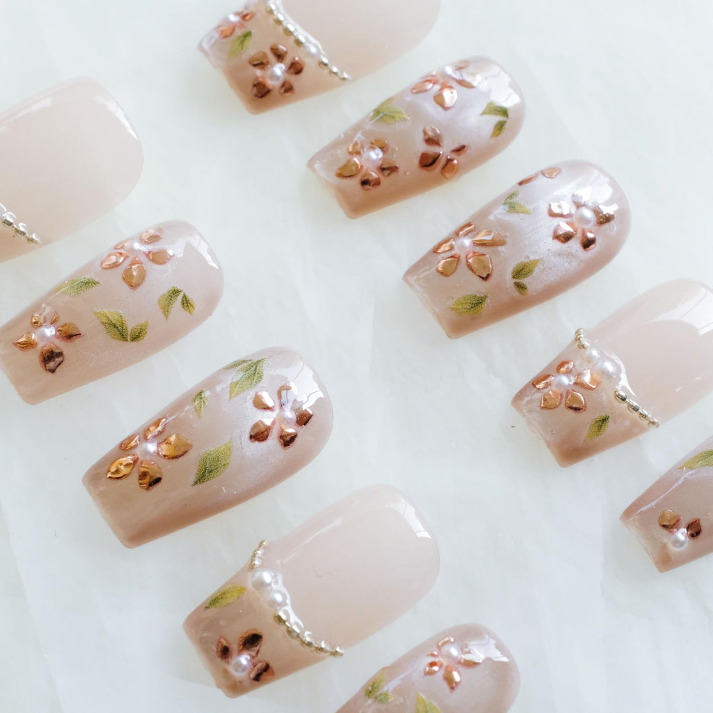 GLORS Medium Ballerina Press-On Nails – Nude Pink with Rose Gold Foil & Pearl Accents (10 Pieces, Medium MB)
