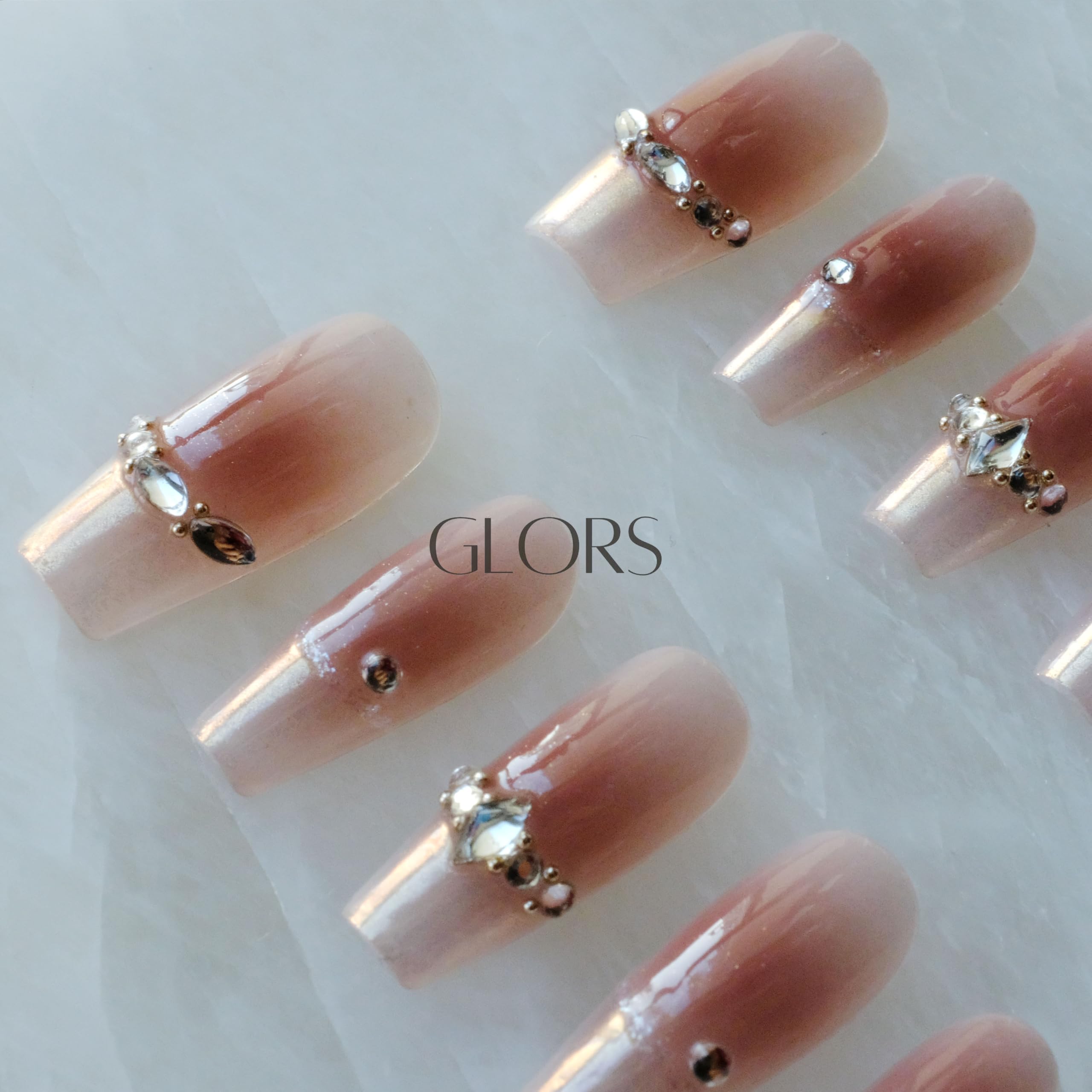 GLORS Long Ballerina Press-On Nails – Pink French with Rhinestones (10 Pieces)