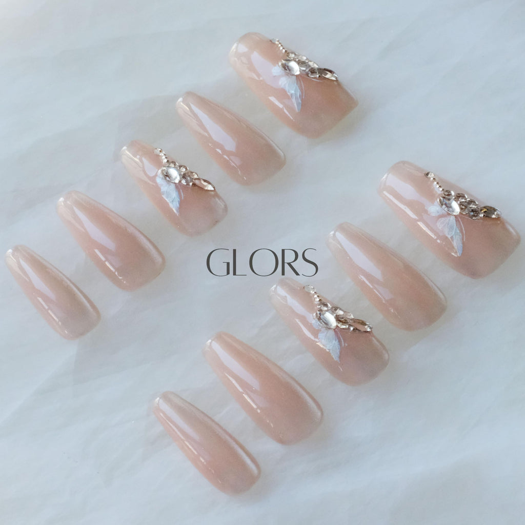 GLORS Press On Nails - Long Ballerina Coffin Nude Pink with Butterfly Rhinestones | 10 Pieces (XS-LB)