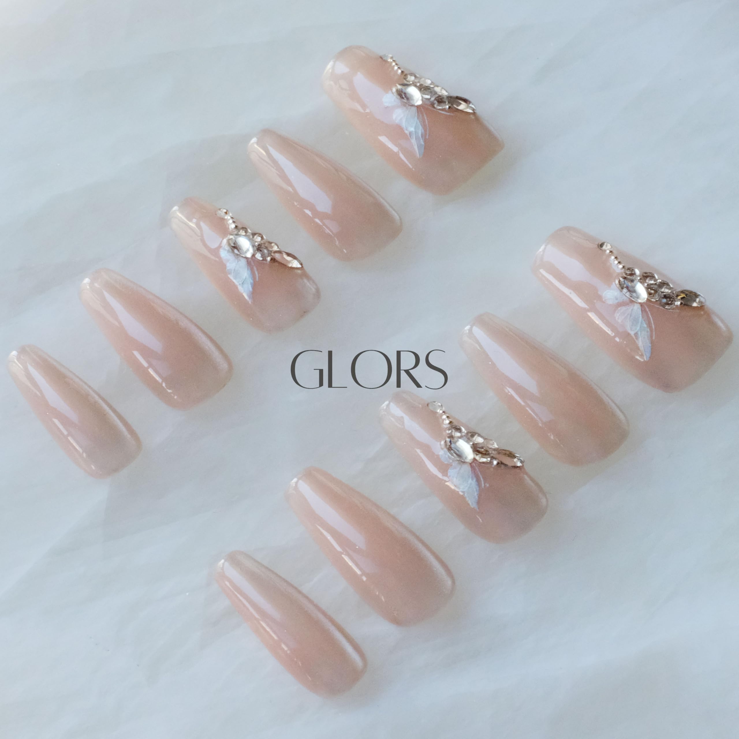 GLORS Press On Nails - Long Ballerina Coffin Nude Pink with Butterfly Rhinestones | 10 Pieces (XS-LB)