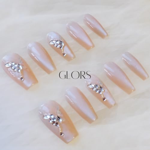 GLORS Press On Nails - Long Ballerina Coffin Nude Pink with Butterfly Rhinestones | 10 Pieces (XS-LB)
