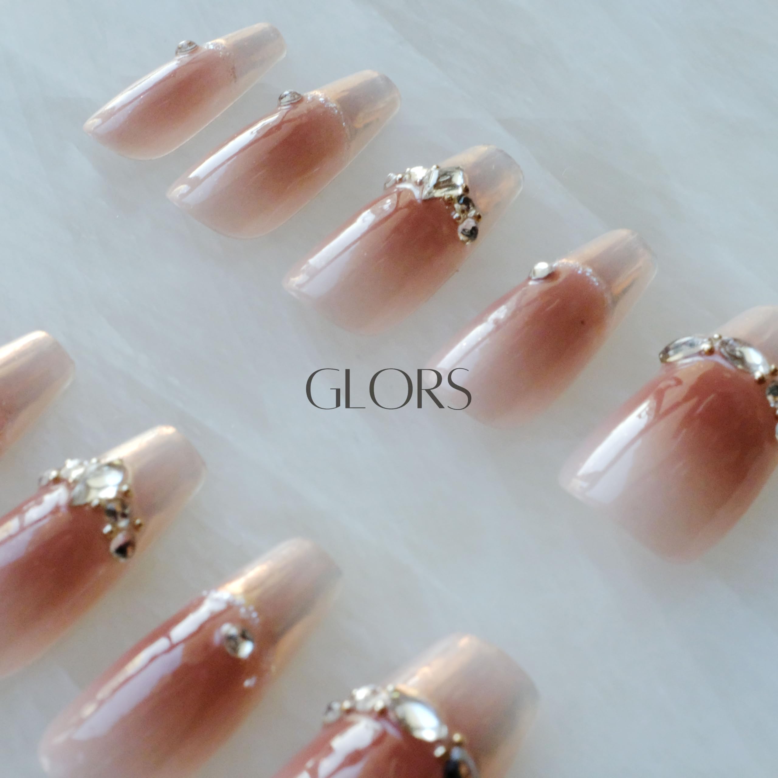 GLORS Long Ballerina Press-On Nails – Pink French with Rhinestones (10 Pieces)