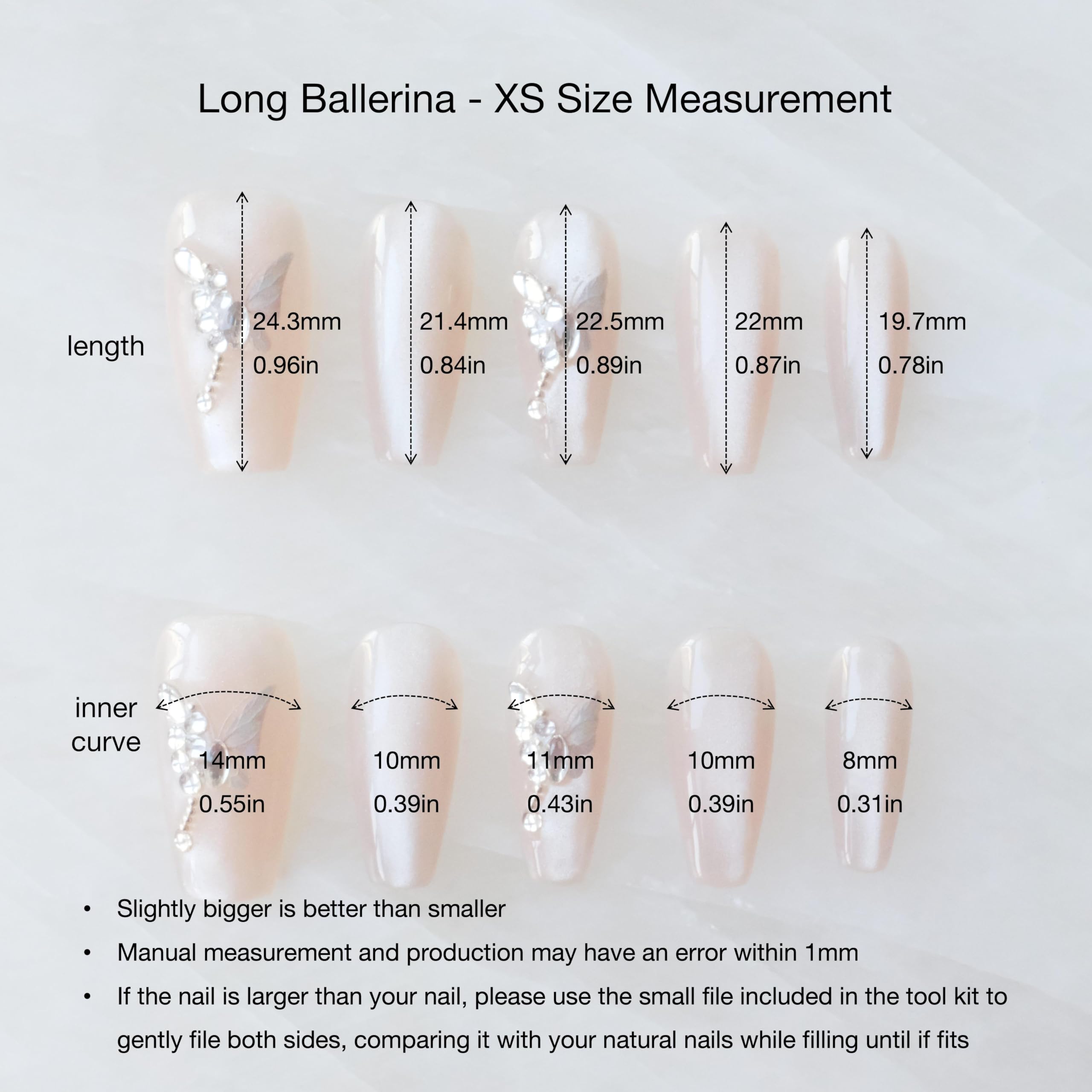 GLORS Press On Nails - Long Ballerina Coffin Nude Pink with Butterfly Rhinestones | 10 Pieces (XS-LB)