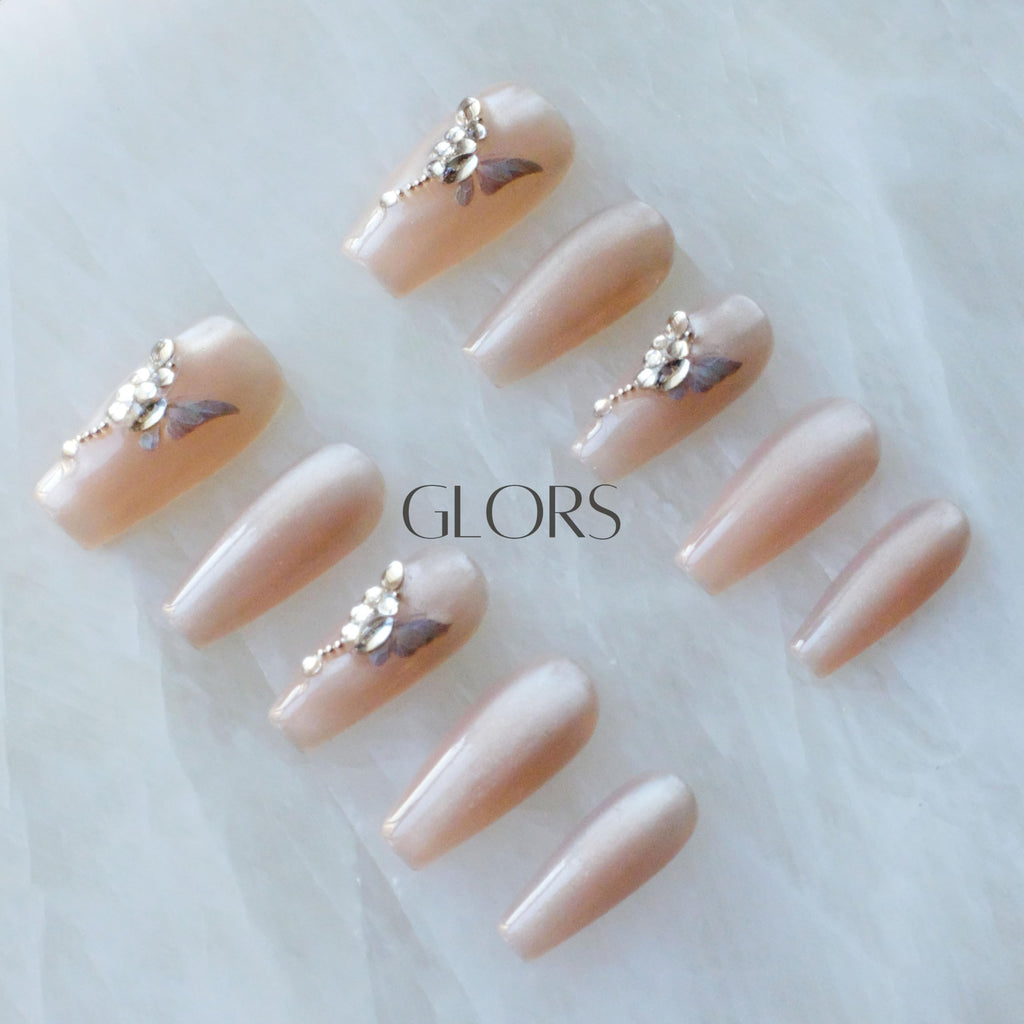 GLORS Press On Nails - Long Ballerina Coffin Nude Pink with Butterfly Rhinestones | 10 Pieces (XS-LB)