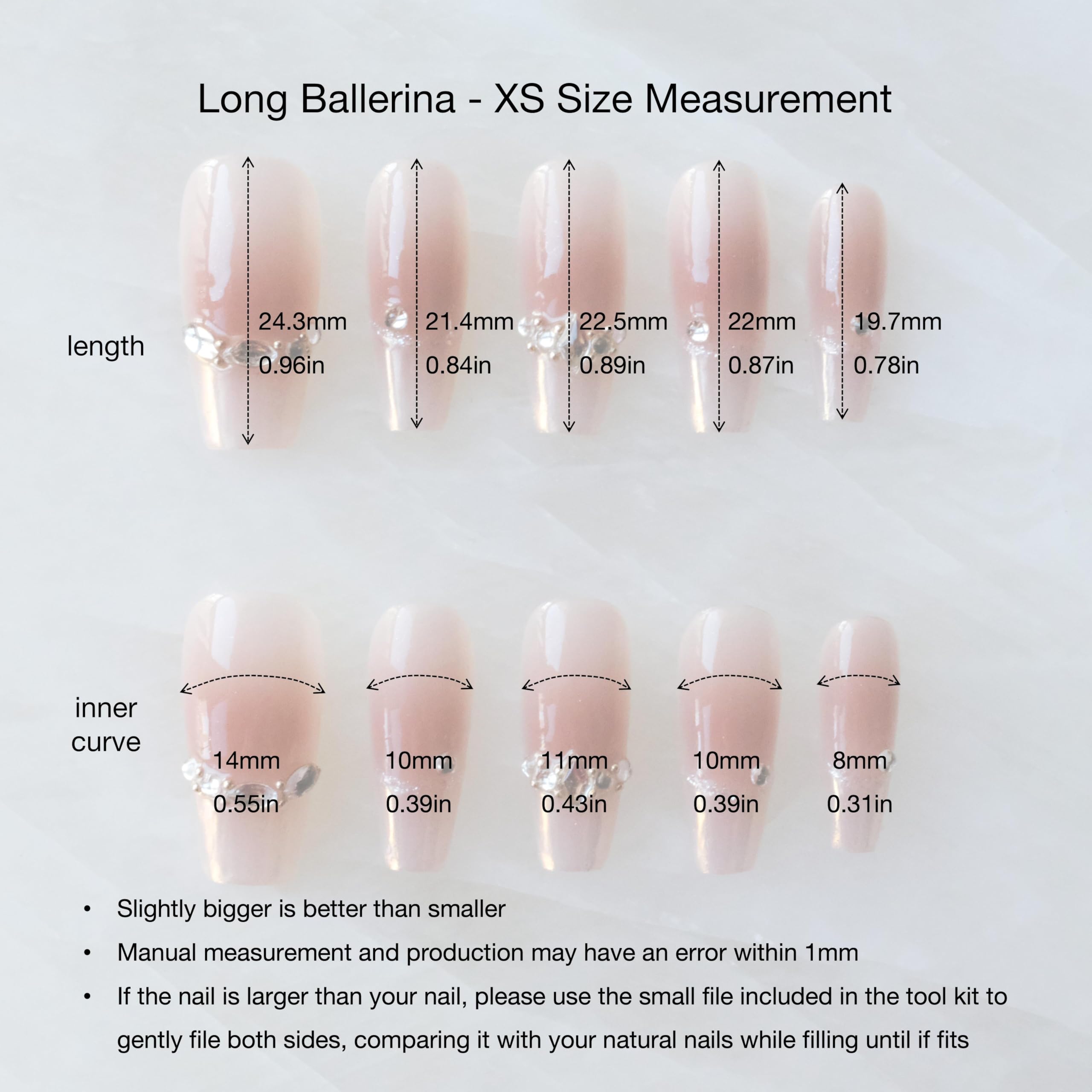 GLORS Long Ballerina Press-On Nails – Pink French with Rhinestones (10 Pieces)