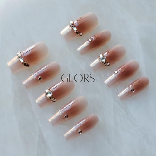 GLORS Long Ballerina Press-On Nails – Pink French with Rhinestones (10 Pieces)