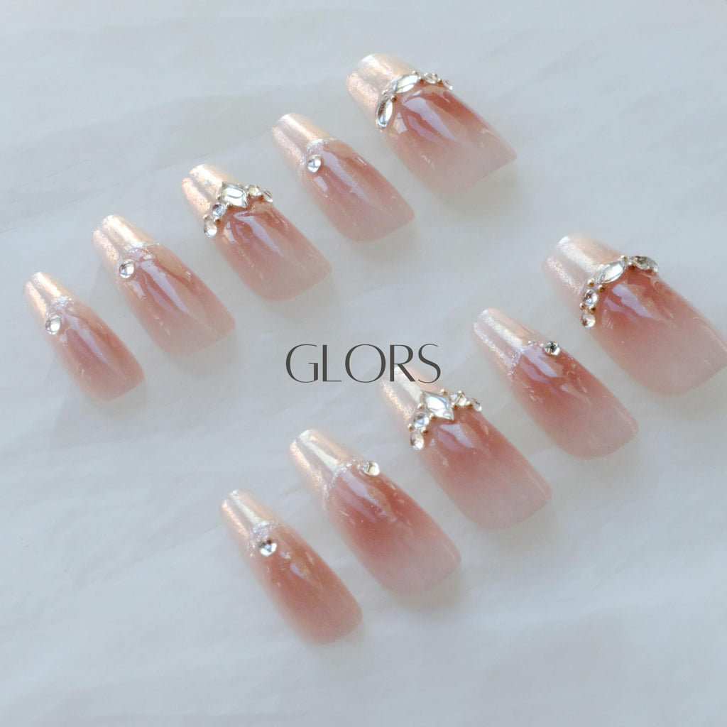 GLORS Long Ballerina Press-On Nails – Pink French with Rhinestones (10 Pieces)