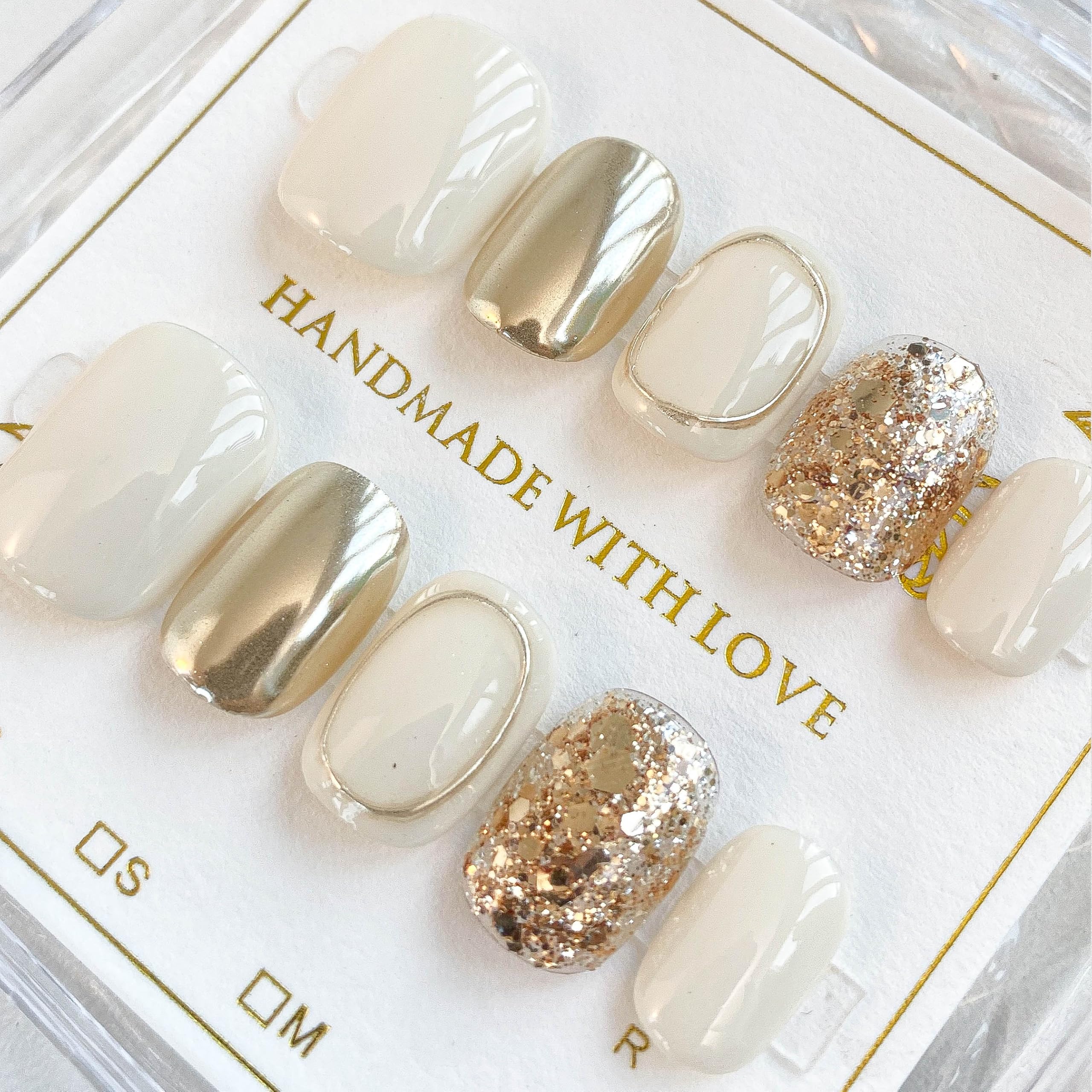 GLORS Purely Handmade Press On Nails | Beige Gold Glitter, Short Square, 10 pcs