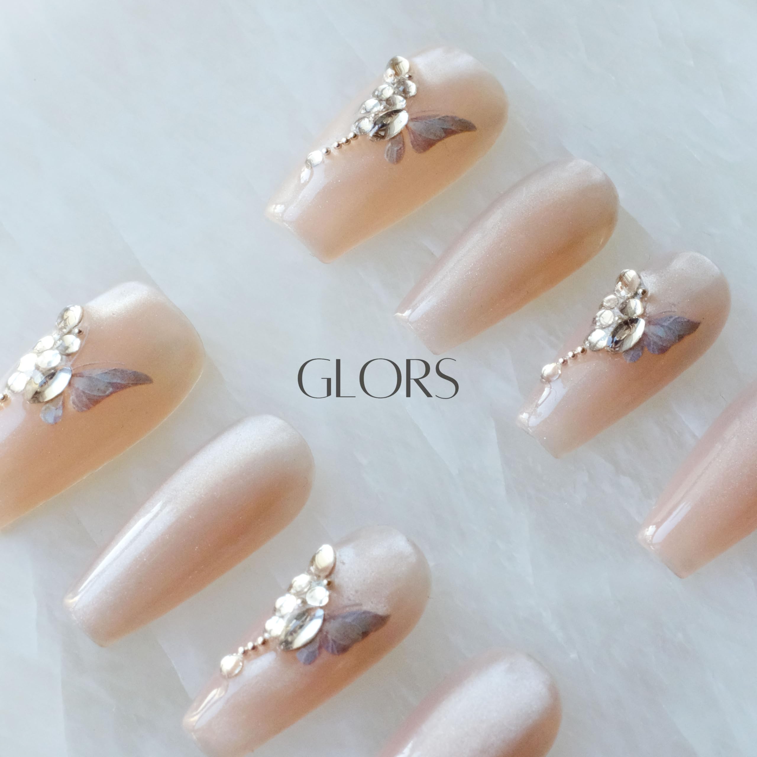 GLORS Press On Nails - Long Ballerina Coffin Nude Pink with Butterfly Rhinestones | 10 Pieces (XS-LB)