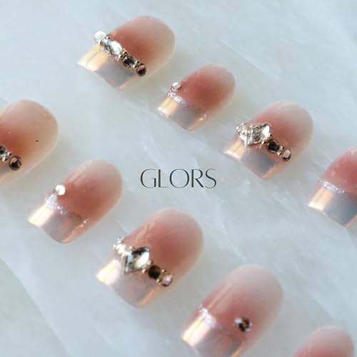 GLORS Moon Dream Purely Handmade Press On Nails – French-Style Pink with Diamond | Short Square 10-Piece Set (Large, SS)