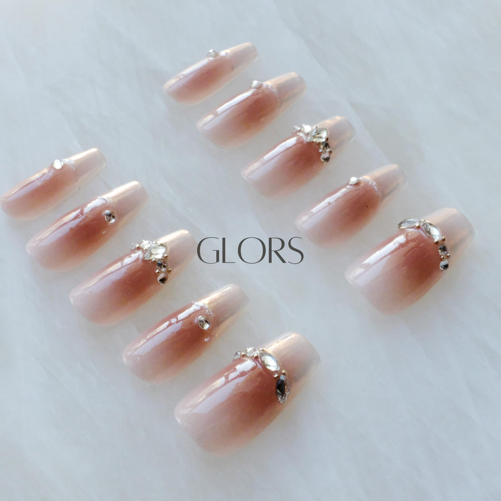 GLORS Long Ballerina Press-On Nails – Pink French with Rhinestones (10 Pieces)