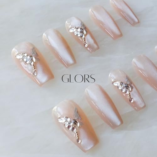 GLORS Press On Nails - Long Ballerina Coffin Nude Pink with Butterfly Rhinestones (10-Piece, Medium LB)