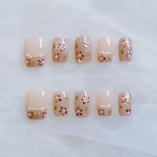 GLORS Short Square Press-On Nails – Nude Pink with Rose Gold Foil & Pearl Accents | 10 Pieces (Large, SS)