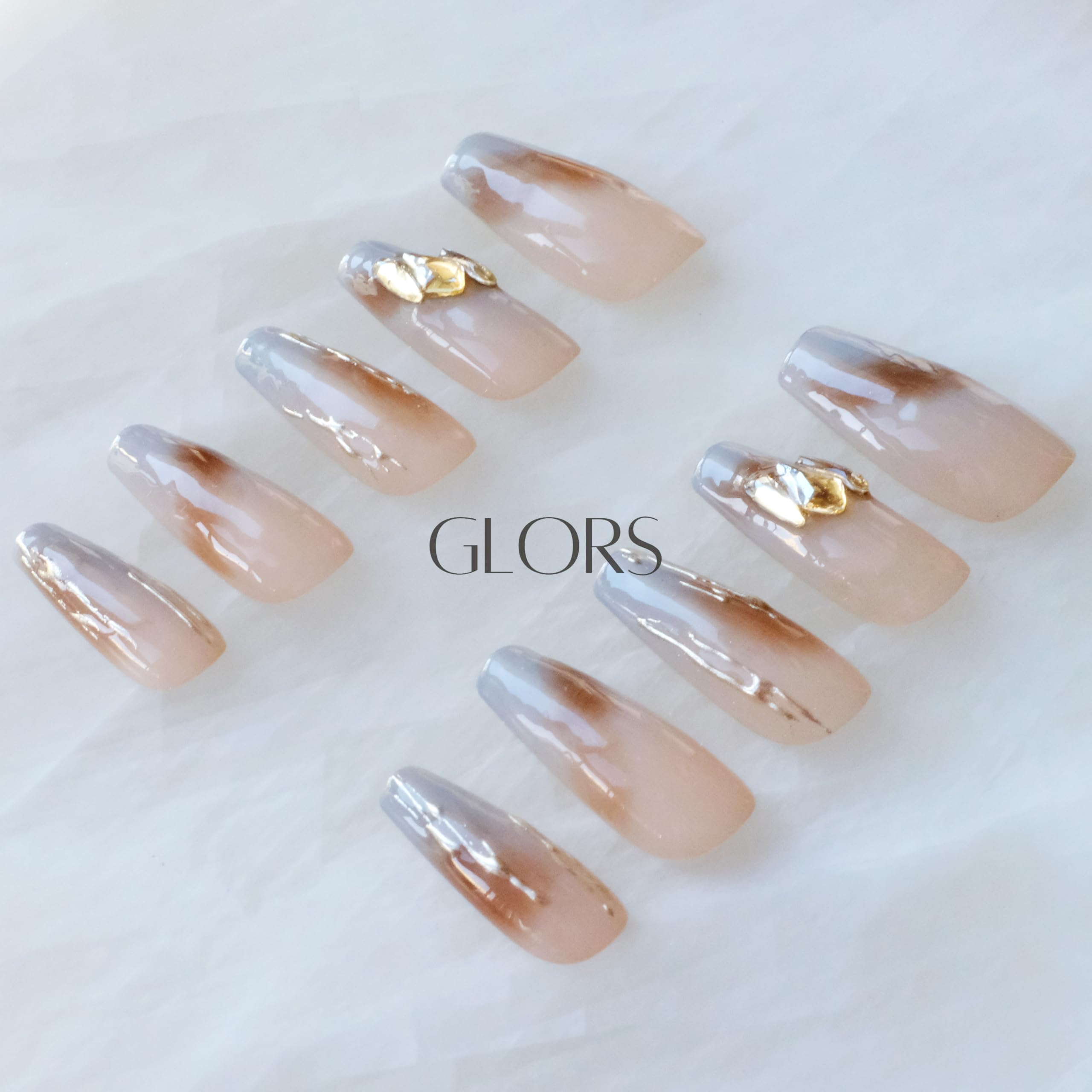 GLORS Ombre Press On Nails - Long Ballerina Nude to Gray with Gold Accent | 10-Piece Set (Small LB)