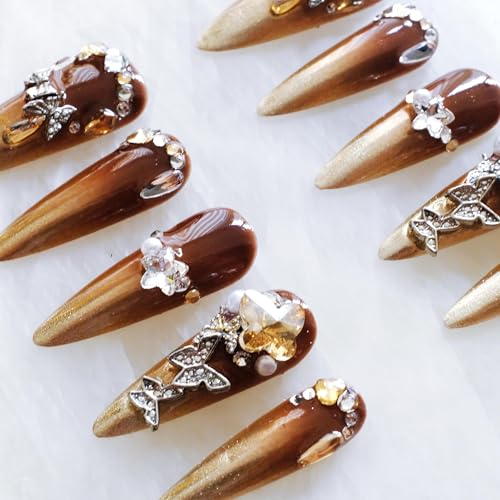 GLORS Luxury Long Stiletto Press-On Nails – Brown-Gold Ombre with 3D Rhinestones & Pearls (10 Pcs, Medium LS)