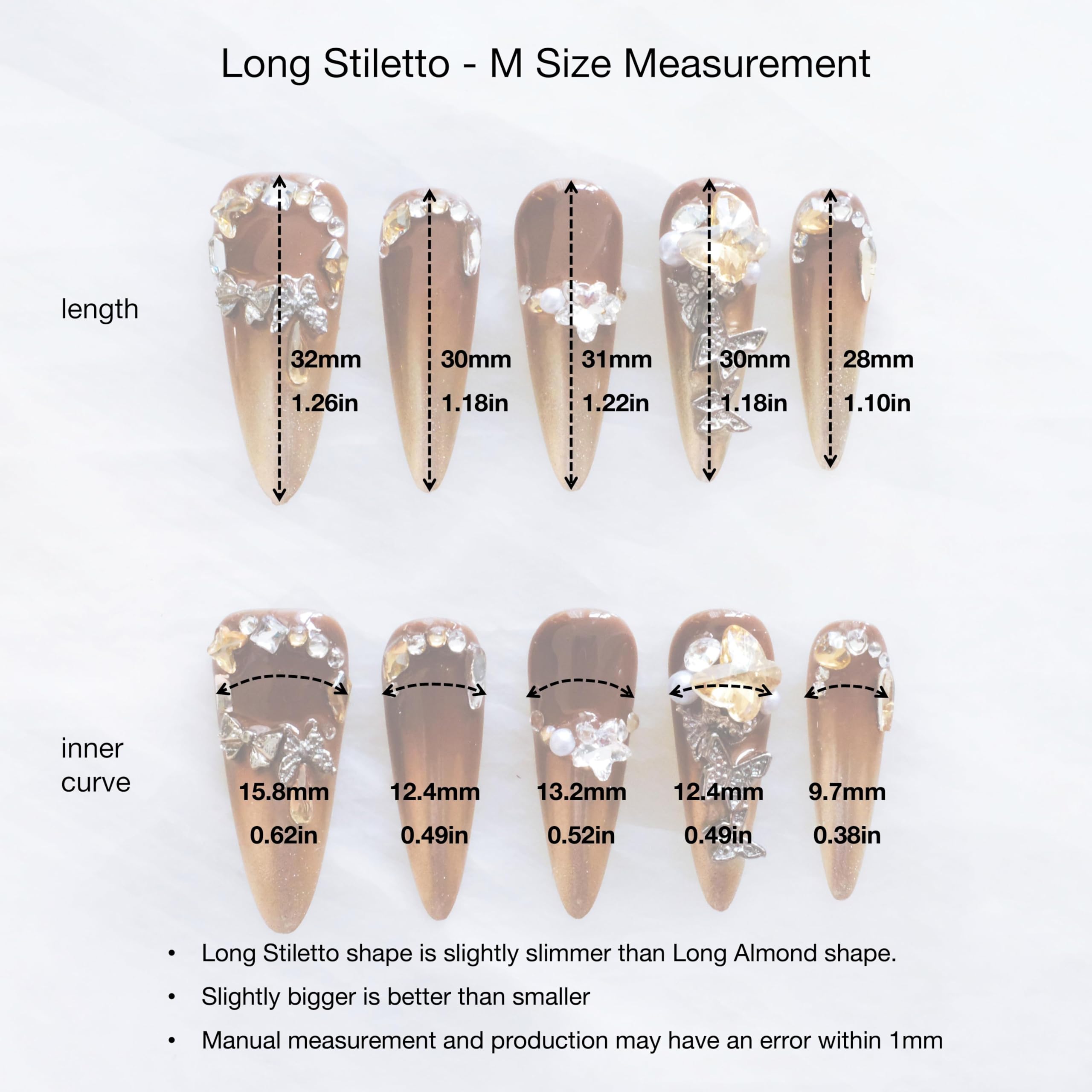 GLORS Luxury Long Stiletto Press-On Nails – Brown-Gold Ombre with 3D Rhinestones & Pearls (10 Pcs, Medium LS)