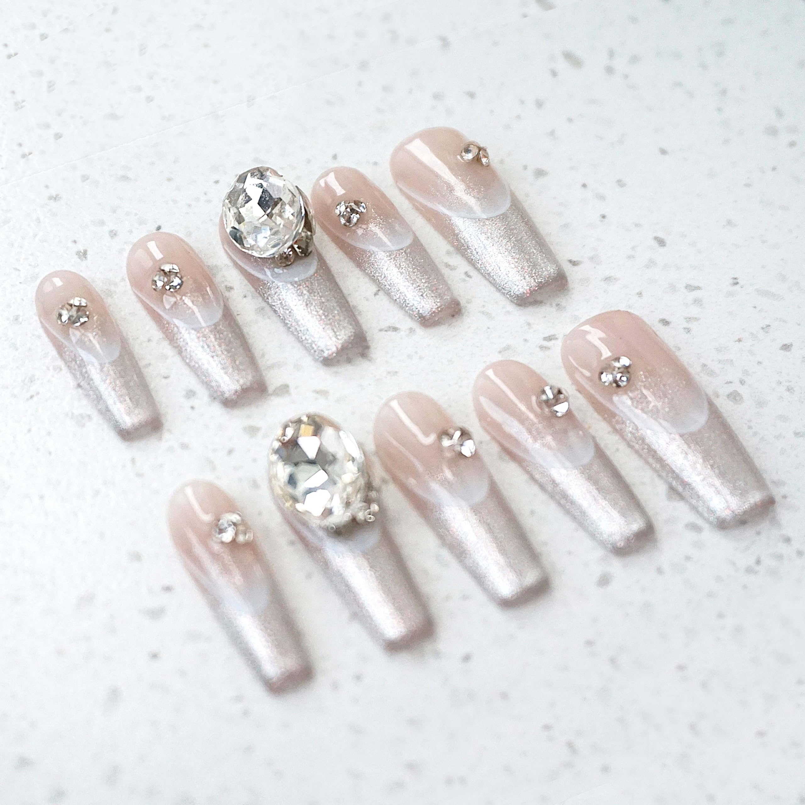 GLORS Press-On Nails – Long Ballerina Coffin, Silver Glitter French Tips with 3D Rhinestones (10pc, Medium LB)