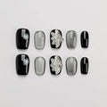 GLORS Press On Nails – Black & Silver Short Square with Dandelion Wing Design | 10-Piece Set (Large, SS)