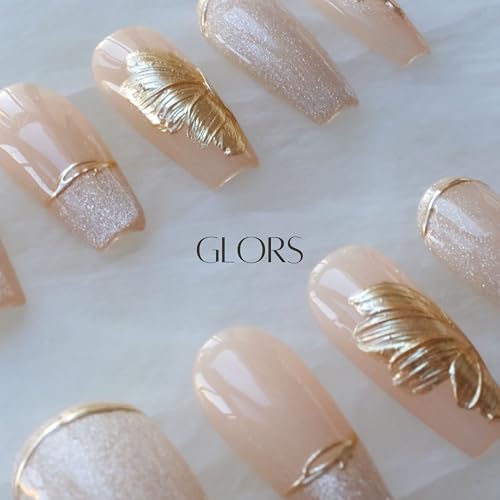 GLORS Press On Nails – Long Ballerina Nude Pink with Gold Accents, 10-Piece Large Set