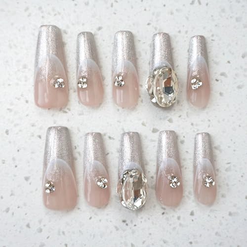GLORS Press On Nails – Long Ballerina Coffin, Silver Glitter French Tips with 3D Rhinestones (10 Pieces)