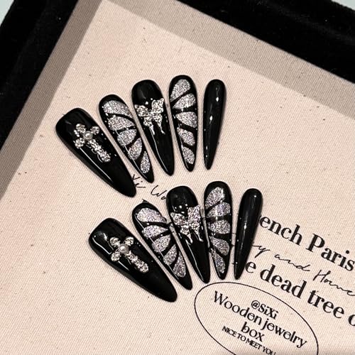 GLORS Black & Silver Butterfly Cat Eye Press-On Nails — Long Stiletto, Handmade Gothic Glamour (10 Pieces)
