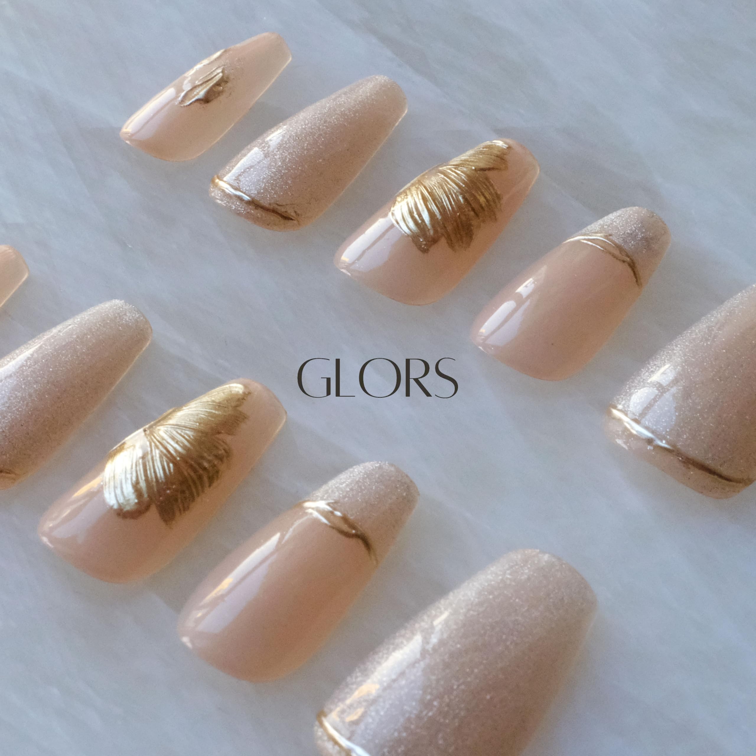 GLORS Press On Nails – Long Ballerina Nude Pink with Gold Accents, 10-Piece Large Set