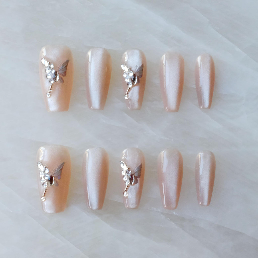 GLORS Press On Nails - Long Ballerina Coffin Nude Pink with Butterfly Rhinestones (10-Piece, Medium LB)