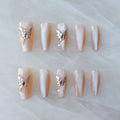 GLORS Press On Nails - Long Ballerina Coffin Nude Pink with Butterfly Rhinestones (10-Piece, Medium LB)