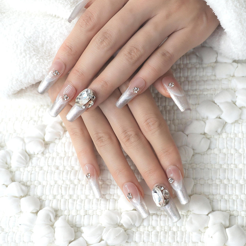 GLORS Press On Nails – Long Ballerina Coffin, Silver Glitter French Tips with 3D Rhinestones (10 Pieces)