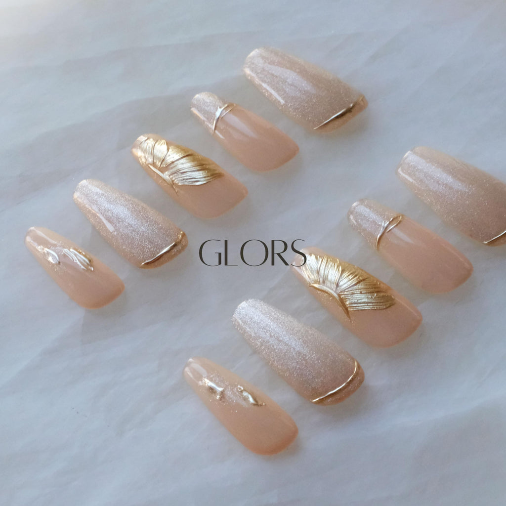 GLORS Press On Nails – Long Ballerina Nude Pink with Gold Accents (10 Pieces, Medium)