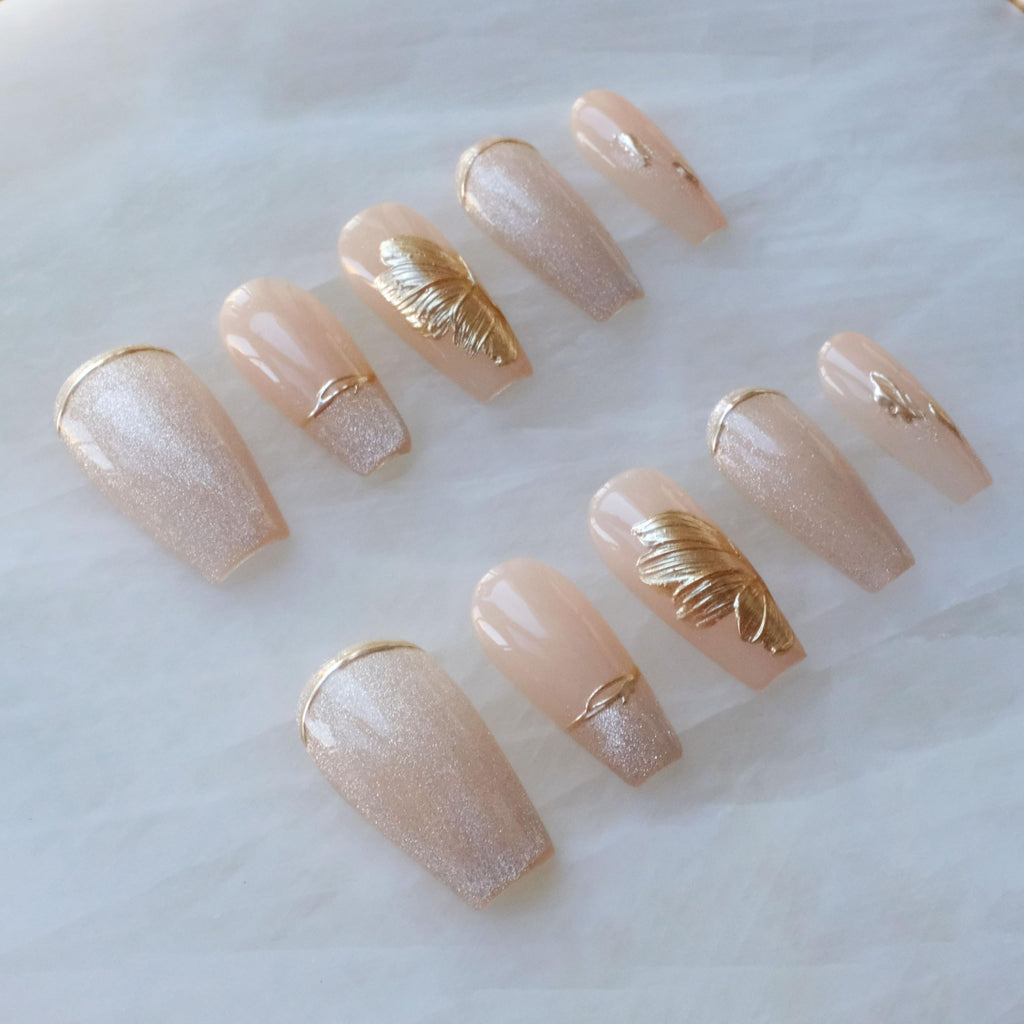 GLORS Press On Nails – Long Ballerina Nude Pink with Gold Accents, 10-Piece Large Set