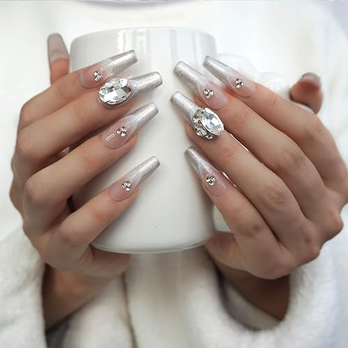 GLORS Press On Nails – Long Ballerina Coffin, Silver Glitter French Tips with 3D Rhinestones (10 Pieces)