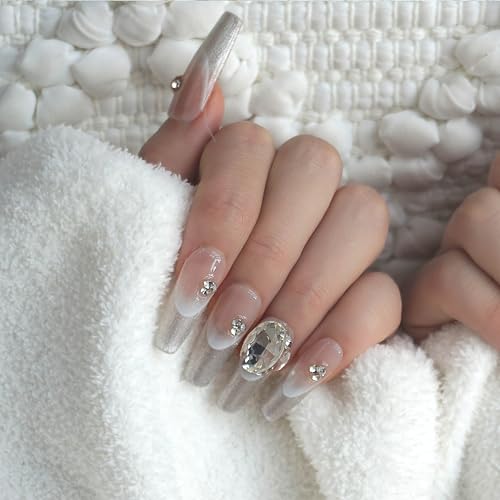 GLORS Press On Nails – Long Ballerina Coffin, Silver Glitter French Tips with 3D Rhinestones (10 Pieces)